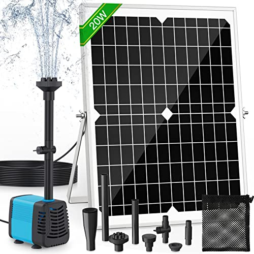 Solpump för damm och fontän 20 W, flödeshastighet 1 325 L/h, 5 m förlängningskabel, 4 spraymodeller och filterpåse – perfekt för dammar och vattenanläggningar