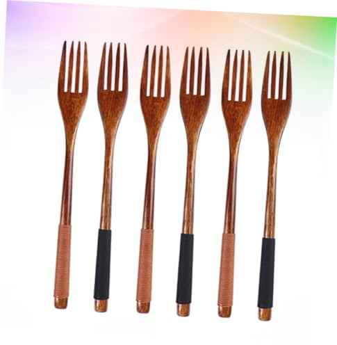 FUNNETOYU Tenedores de Madera para Estilo Japonés, 6 Unidades Mango de Madera de Nanmu y Hilo Negro y Marrón, Utensilios de Comida Infantiles para Uso Diario y Reuniones Familiares