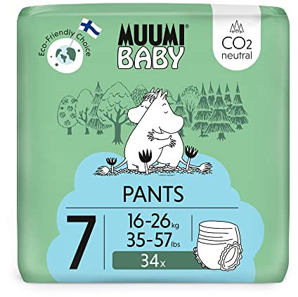 Muumi Baby Öko Windelhöschen Größe 7, 16-26 kg, 34 Stück, Weiche Premium Windelhöschen | Weich und hautfreundlich, Atmungsaktiv, Saugfähig, Keine unnötigen Chemikalien |