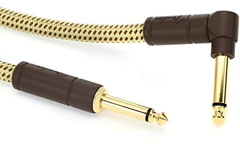 Fender Deluxe Series Instrument Cable 10ft ,3m, Braided Shielding and 24K Gold Plated Connectors for Lossless, Pure Sound, Straight,Angled Jack, Tweed