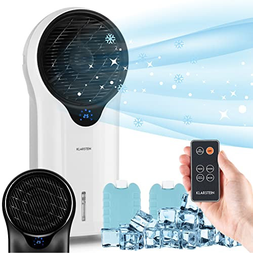 Klarstein Climatiseur Mobile 3 en 1, Climatiseur Portable avec Humidificateur, Ventilateur, Climatiseur Mobile Sans Évacuation, 2 Pack Glacons, Minuterie, 3 Modes, 90W, Puissant Débit d'Air 1600m³/h