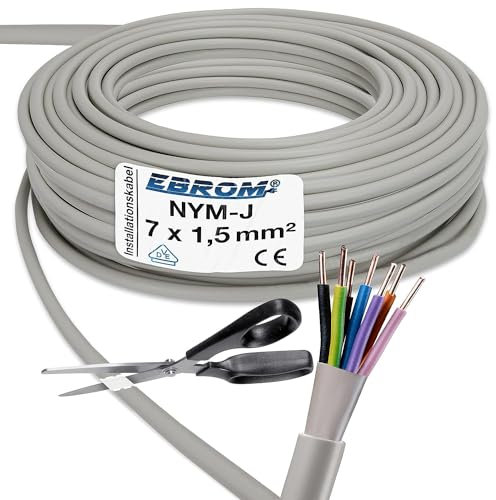 EBROM – NYM-J 7x1,5 mm² (mm2) Mantel GRAU, 7 Litzen FARBIG zur perfekten Zuordnung bei der Installation, sehr viele Längen! 99,9% OFC Kupfer - Mantelleitung - Installationsleitung, Länge: 5 Meter