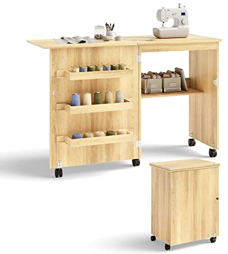 COSTWAY 2-i-1 syskåp och skrivbord, vikbart sybord av trä med 3 hyllor för spolar och låsbara hjul, symaskinsskåp för vardagsrum, sovrum, kontor (beige)