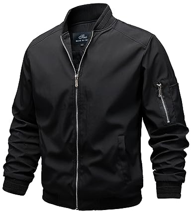 TLZC Men's Lightweight Bomber Jacket Windbreaker Slim Fit Active Coat Outerwear (Black, Medium)
