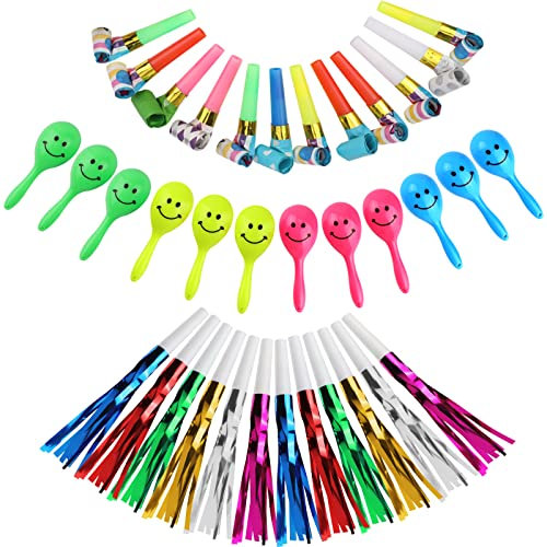 Pwsap 36PCS in 3Kinds Party Noisemakers Set, Funny Paper Blowouts Blowers, Glitter Fringed Metal Blowouts, Mini Neon Music Hand Shakers, Birthday Kids Party Fiesta Decorations Party Favors Supplies