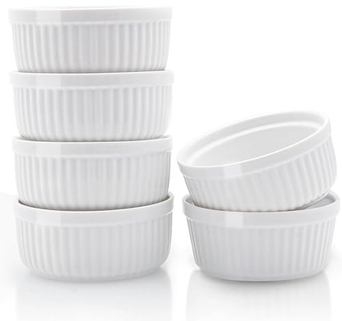 Nuwave Ceramic Ramekins 8 oz, Set of 6, Elegant Classic Style for Baking Souffles, Creme Brulées, Custards, Puddings, 4.3” Wide & 2” Tall, Microwave, Oven & Dishwasher-Safe, Ivory White (6)