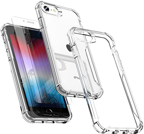 ORETECH für iPhone SE 2022 Hülle mit 2 Schutzfolie, Durchsichtig | Militärschutz Stoßfeste Kratzfeste Transparent Rückseite Handyhülle für iPhone SE 2020/8/7