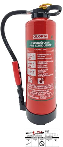 Gloria Schaum-Feuerlöscher SKA+ 6 PRO – 6 Liter – Fluorfrei – Für die Brandklassen A, B – Mit praktischer Wandhalterung – inkl. aktueller Prüfplakette