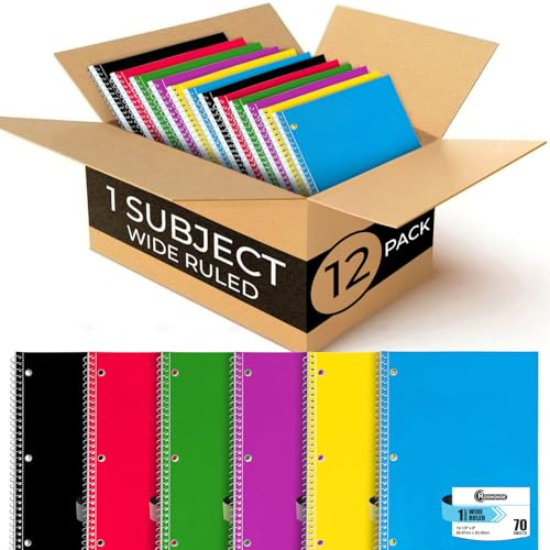 Rosmonde Spiral Notebooks, 12 Pack, 1 Subject Notebook, Wide Ruled, 70 Sheets, 8 x 10-1/2, 3 Hole Punched, School Supplies, Bulk Single Subject Spiral Notebook Bulk, Assorted Colors Pack of Notebooks