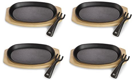 ECHTWERK Servierpfannen Set aus Gusseisen, Kleine Grillpfanne mit Servierbrett, Abnehmbarer Griff, Bereits eingebrannt, Für Backöfen, Grill, BBQ und Induktion geeignet, Ø 24 x 14 cm, 4tlg