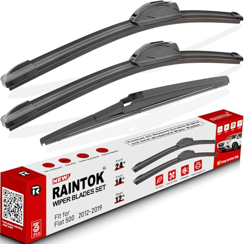 RAINTOK Scheibenwischerblätter, Ersatz für Fiat 500 2012–2019, Original-Fabrik-Qualität, vorne und hinten, Wischerblätter-Set für mein Auto, 61 cm, 35,6 cm, 30,5 cm (3 Stück) | Original Factory Qualität Vorne Hinten Allwetter Wischerblätter Set für My Car - 61cm/35.6cm/30.5cm U/J Hook