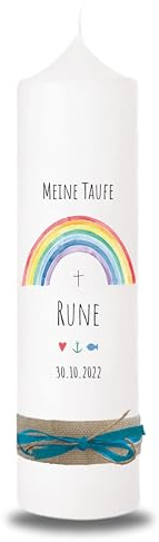 VILLA ROSA LOTTA - Personalisierbare Taufkerze Kommunionkerze Rune mit Wunschdaten und Rückseite I Regenbogen bunt I 25 cm x 7 cm I Taufkerzen für Jungen und Mädchen I Farbe elfenbein weiß