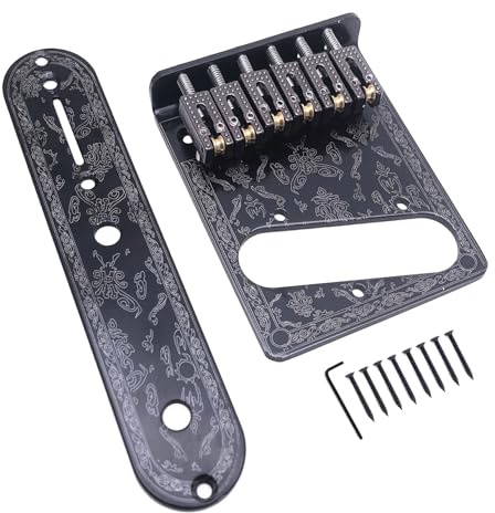 TUOREN 6 String Telecaster Bridge Plate 3 Way Switch Control Plate Set with Beautiful Decorative Pattern for Tele Telecaster Electric Guitars Replacement Parts Black