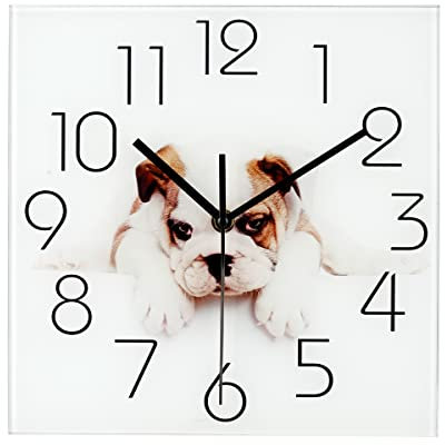 Topkey Silent Wall Clock Square Glass Pets Cut Dog Design for Chilren Living Room and Bedroom (Battery Not Included) (White)