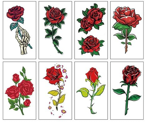 Rose Tattoo Aufkleber 8 Blatt Wasserfeste RoseTattoo Aufkleber Rose Blumen Temporäre Tattoos für Frauen Kinder Mädchen Arm Hals Gesicht Rücken Schultern Beine