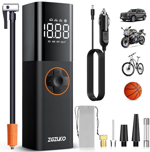 ZGZUXO Gonfleur Pneus Voiture, 150PSI Compresseur à Air Portatif avec 12V DC Fil, Compresseur d'air électrique avec Écran LCD et Lampe LED, Pompe à Pneu Portable pour Voiture, Moto, Velo, Balle