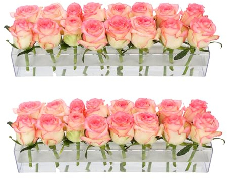2Pack Clear Acrylic Flower Vase Rectangular, 15.7 Inches Long Floral Centerpiece Low Vases with Holes for Dinning Table, Home Decor, Wedding Decoration