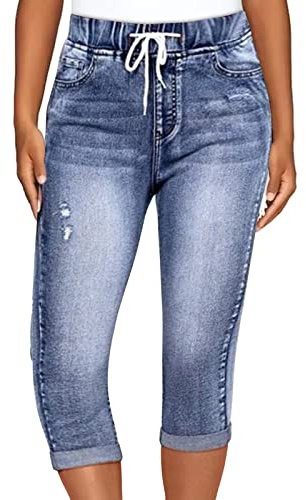 3/4 Jeans Damen Sommer - Kurze Hose Jeans Damen High Waist Skinny Jeanshose Slim Fit Dreiviertel Denim Hose mit Löchern Damenjeans Zerrissene Sommerjeans Caprihose Leggings Jeans für Frauen