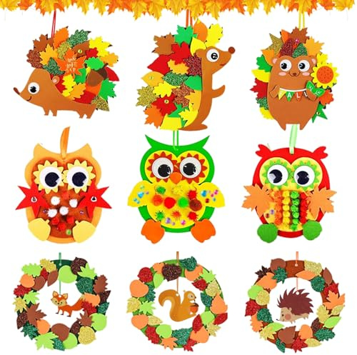 Vakki Filz Herbst Basteln für Kinder, Herbst Bastelset Owl Igel Filz-Herbstkränze mit 300+ Filzdekorationen, Kreative Laternen Bastelset Fensterbilder Herbst ür Jungen Mädchen Festliche Geschenk
