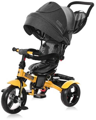 Lorelli Dreirad Neo ab 1 Jahr mit Schubstange, Sicherheitsgurt, 360 drehbar, Tricycle, Verstellbarer Elterngriff, Freilaufrad Funktion, Eva Reifen, Spielzeugkorb, Gelb