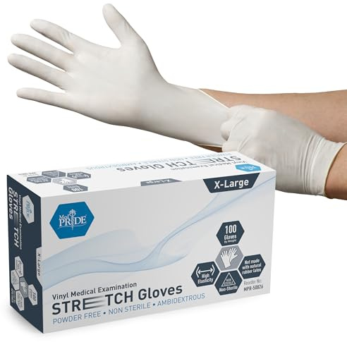 MED PRIDE Medical Examination Stretch Vinyl 100 Gloves, Small| Ultra-Stretchy Disposable Safety Gloves| Heavy-Duty, Tear-Resistant Powder & Latex-Free | Ambidextrous, White