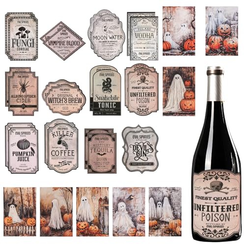 32 Stück Halloween Weinflaschenaufkleber, Retro Halloween Flaschenetiketten Kürbisgeist Halloween Bierflaschen Etiketten Aufkleber Trankflaschen Halloween Dekor