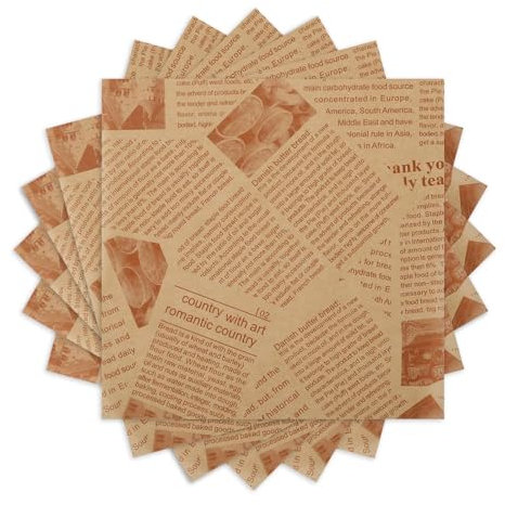 Hugwish 200pcs Carta da Imballaggio Alimentare 22x22cm, da Giornale, Cerata, Kraft per Alimenti Oleati per Panini, Patatine, Hamburger