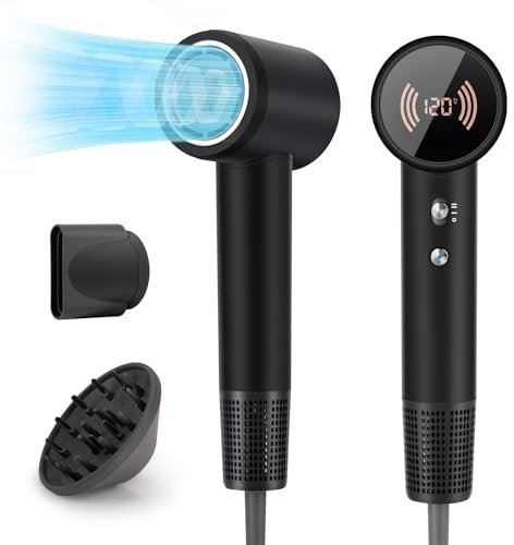 Chignon Ionic Hair Dryer with Diffuser - 110,000 RPM Brushless Motor, 1600W Blow Dryer with Temperature Display & Magnetic Attachments, Low Noise for Salon Styling