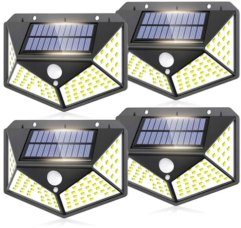 YAOSHENGUP 4 Pack Solar Powered Lights Outdoor, 100 LED Motion Sensor Lights Outdoor, 270° Solar Security Lights, IP65 Waterproof 3 Modes for Garden Fence Door Yard Garage [Energy Class A]
