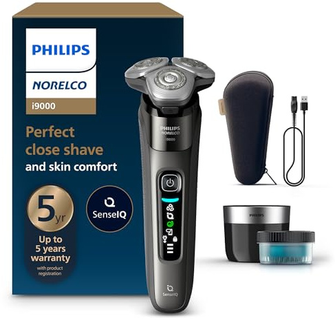 Philips Norelco Shaver i9000, Wet & Dry Electric Shaver, Dark Slate, SenseIQ Technology, Triple Lift & Cut System, 360 Rotating Dual SteelPrecision Precision Blades, Quick Clean Pod, X9002/82
