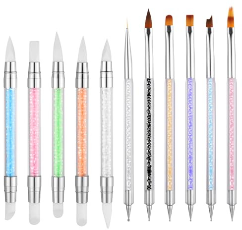 Silikon Nagel Pinsel, 11 Stück Professionelle Maniküre Werkzeuge Kit mit Doppel-Ende Nail Artpinsel, Gel Schnitzen Pinsel und Dotting Pen, Gel Brush für 3D Gelnail Art, Nageldesign