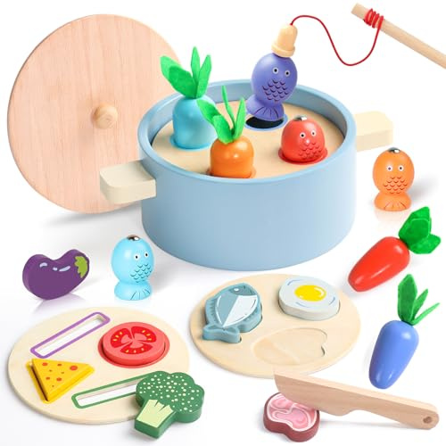 Toys for 2 Year Old Girls Boy- Montessori Wooden Magnetic Fishing Game 2 Year Old Boy Toys Kitchen Accessories, Gifts for 2 3 4 Year Olds Girls, Pretend Play Kids Cooking Set- Wooden Shape Sorter
