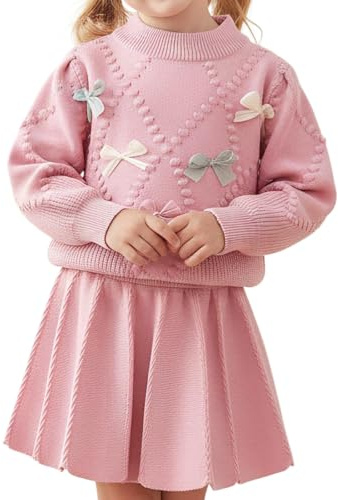 JiAmy Baby Girl Clothes Toddler Long Sleeve Knitted Bowknot Sweater Top Pleated Skirt Outfits Set Fall Winter Casual Dress for Girls 2-6 Years