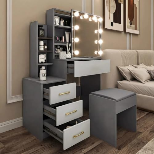 Blisswood Dressing Table with Mirror and Stool – Makeup Vanity Desk with 4 Drawers, 3 Open and Hidden Storage Shelves, 10 LED Bulbs, Modern Make up Dresser for Bedroom Living Room (Grey/Silver Grey)
