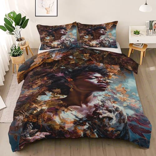 African Woman Duvet Cover Set, Leaf Element Reversible Bedding Set, Oil Painting Polycotton 3 pcs Lightweight Premium Quilt Cover Set for All Seasons With Zipper (Tribal Style, Single)