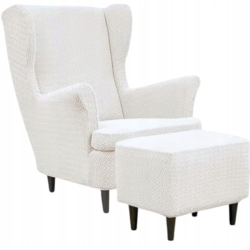 Domidekor Ohrensessel Überzug & Ottoman Schonbezug - Sesselbezug Stretch + Polsterhocker Cremefarben - Strandmon Sessel Bezug und Hockerbezug - Elastisch Samt Velour Schmutzabweisend - Oeko-Tex 100