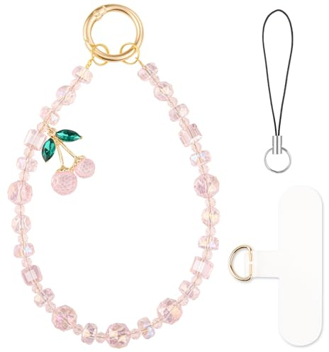 HONZUEN Handykette Perlen Kurz, Charms Anhänger Handy Kette mit Bunte Kristallperlen, Anti-Drop Handy Anhänger & Wrist Strap für Damen und Mädchen, Cute Phone Charm Zubehör, Rosa Kirsche