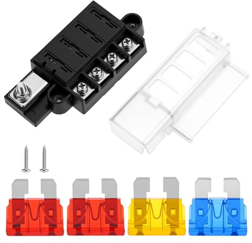 QWORK® 4-Wege Sicherungshalter 12V Flachsicherungsblock, Sicherungsdose Stromkreisverteiler inkl. 4 Sicherungen & Schrauben, für Auto, Boot, LKW & Wohnmobil