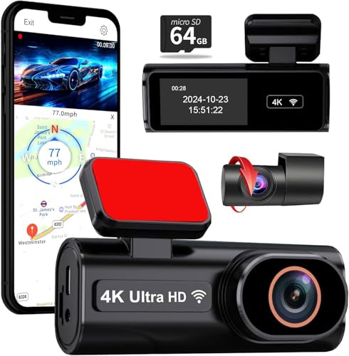 Dashcam Auto Vorne Hinte, 4K+1080P Dual Kamera mit 5GHz WLAN GPS und 24/7 Parküberwachung für maximale Sicherheit durch ADAS Nachtsicht & 170° Weitwinkel - Inkl. 64GB SD Karte (4K Front + 1080p Rear)