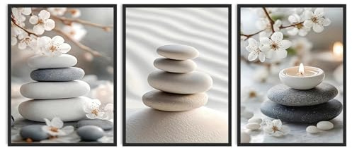 Dazzlewall Set 3 Pezzi Arte Murale Zen Giapponese, Quadri Pietre in Equilibrio e Fiori di Ciliegio per Yoga, Spa o Salotto, 12x16 Pollici senza Cornice
