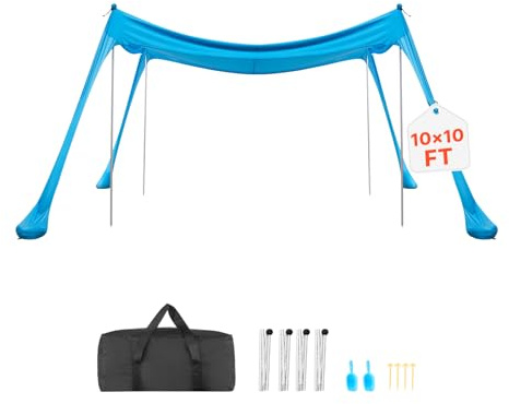 VEVOR Tienda de Playa Desplegable 3,0 x 3,0 m, Toldo de Playa Portátil, Protección UPF 50+, con 4 Estacas de Tierra y 4 Polos Anclaje de Arena, Refugio Solar para Vacaciones Viajes Camping, Color Azul