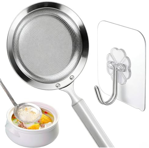 WhaleO Schiumarola Acciaio Inox con Gancio,Uso Professionale Filo Acciaio Scolapasta Acqua o Olio-Schiumarola Metallica Cucina Alta Resistenza Al Calore - 30 × 9,5 CM