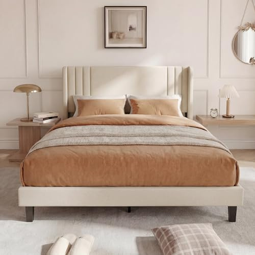 QMTXBYJ Sängram 160 x 200 med madrass, dubbelsäng 160 x 200 cm med vadderad 2 personers sänggavel, träribbstöd, för vuxna, linnetyg, enkel montering, beige (utan madrasser)