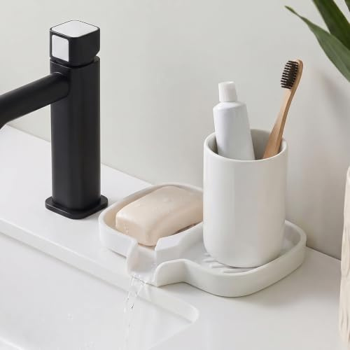 Gurwen Seifenschale Silikonmatte Zwei Vertiefungen mit Ablauf, Weiß | Seifenablage mit Saugnapf, Soap Dish Dusche, Geeignet für Bad, Küche und Waschbecken