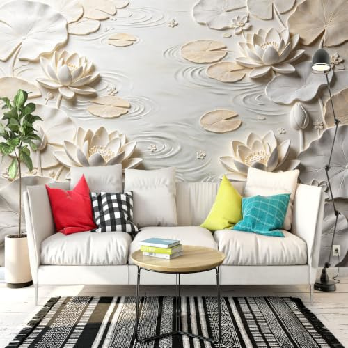 Papel Pintado Mural Autoadhesivo Para Pared, 250 X 175 Cm. Papel Pintado Fotográfico Panorámico No Tejido con Relieve de Hojas de Loto Flotantes, Escultura de Cerámica, Póster, Imagen, Decoració