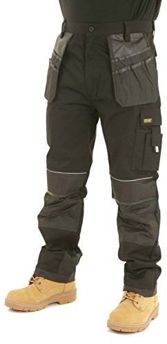 SITE KING Mens Heavy Duty Cargo Holster Pocket Work Trousers with Knee Pad Pockets (42 Waist / 31 Regular Leg, Black)