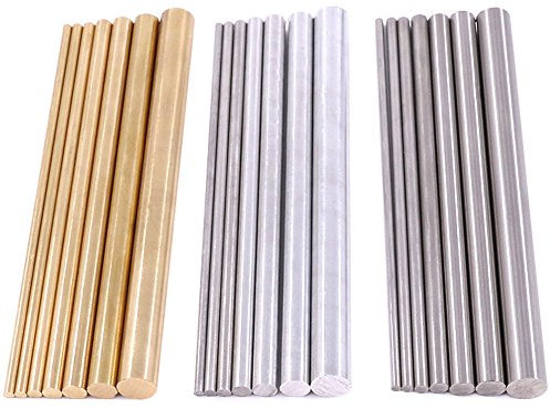 Glarks 21pcs 3 Sets of Metals Round Rod Lathe Bar Stock for DIY Craft Tool, Diameter 2mm - 8mm, Length 100mm, Metals Include Brass, Stainless Steel, Aluminum