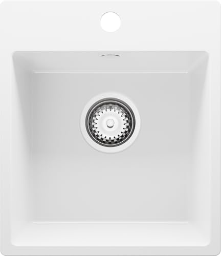 PRIMAGRAN Evier Cuisine en Granit Blanc 38x44cm, Lavabo 1 bac + Kit de Vidage, Évier à Encastrer au Meuble 40cm - Riga S002