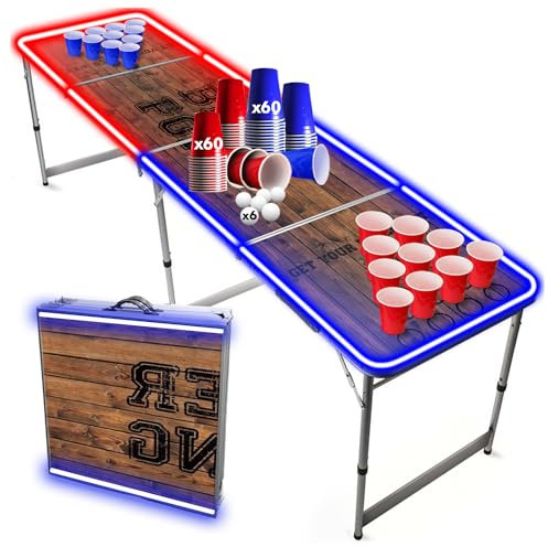 Beer Pong Offizieller Light Tisch Set | Mit LED Beleuchtung | LED Full Pack | Inkl. 1 Tisch + 120 Becher 53cl (60 Rot & 60 Blau) + 6 Ping-Pong-Bälle | Premium Qualität