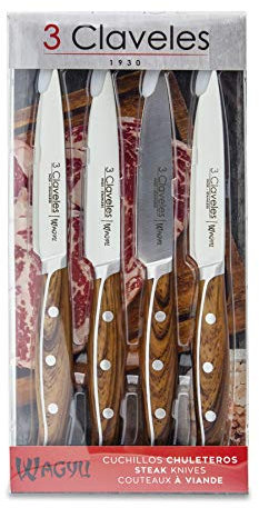 3 Claveles Coltelli da cucina per carne | Coltelli da tavola per bistecca 11,5 cm. Set coltelli professionali da tavola cucina manico in legno. Set 4 coltelli cucina professionali